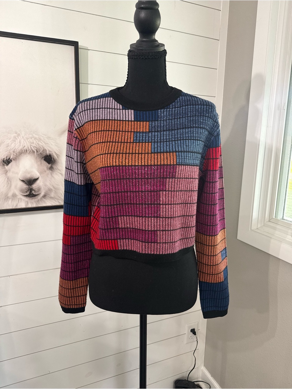 Mara Hoffman Color Block Pattern Knit Crew Neck Sweater, XS, Multicolor